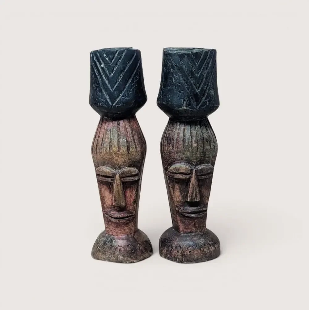 Vintage Hand Carved Wooden Figural Candle Holder Pair